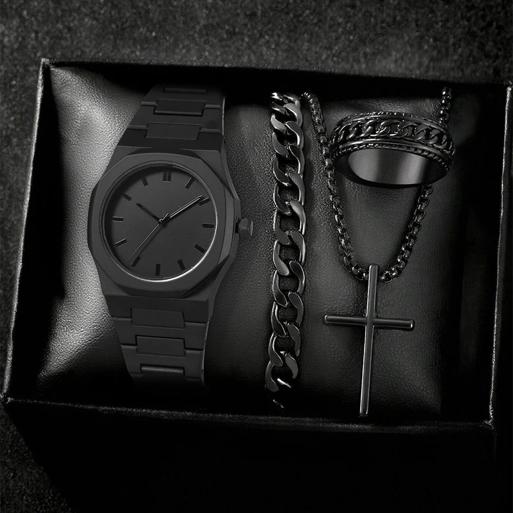 Aura Noir™ Men’s Black Luxury Watch & Bracelet Set