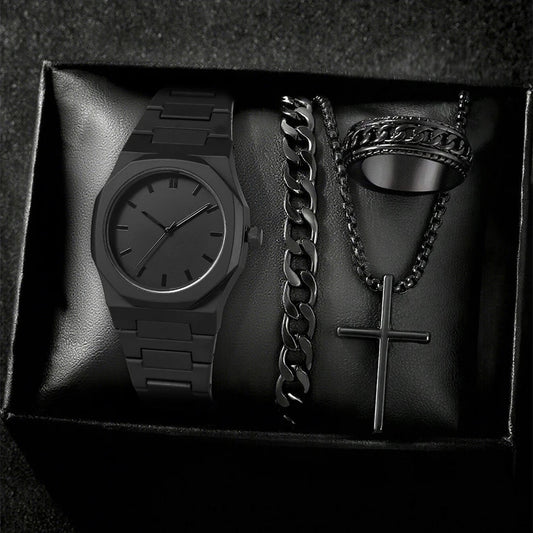 Aura Noir™ Men’s Black Luxury Watch & Bracelet Set