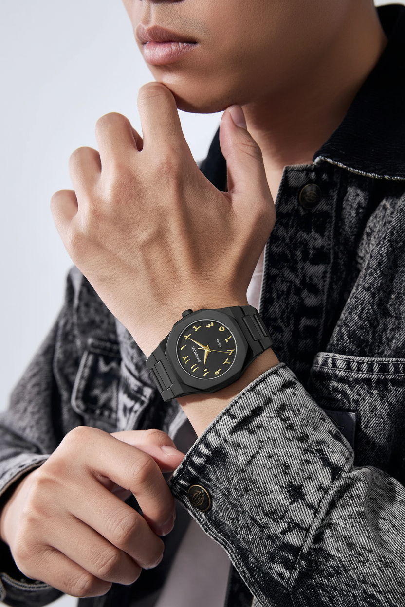 Black luxury watch on wrist with white background