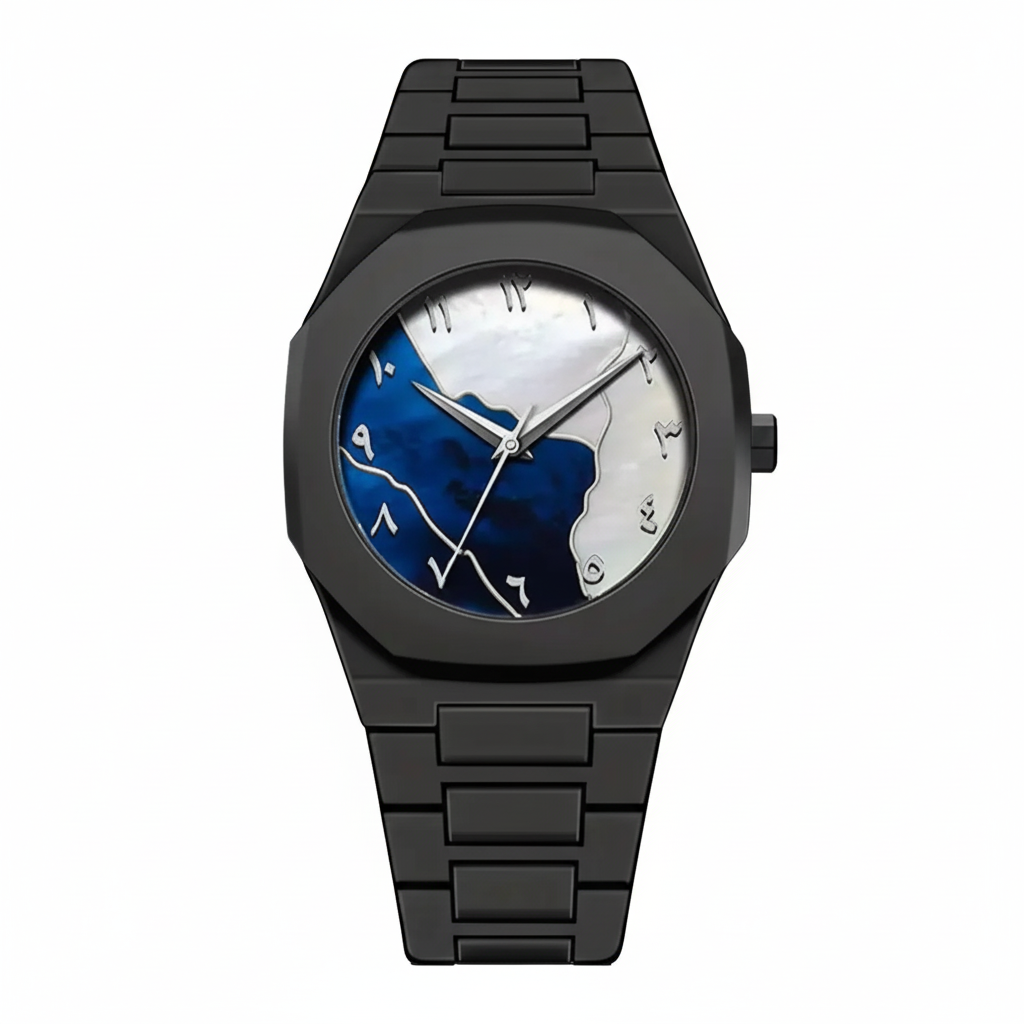 Black luxury watch with blue and white dial on pure white background